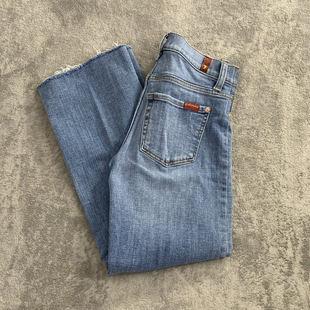 7 For All Mankind Jeans Women's 23x25” Blue Denim Flare Wide Leg Raw Hem Stretch